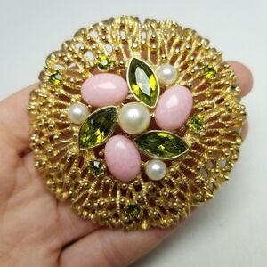 Vintage Sarah Coventry Huge Green Pink Gold Tone Brooch, Retro 60s Style, Estate